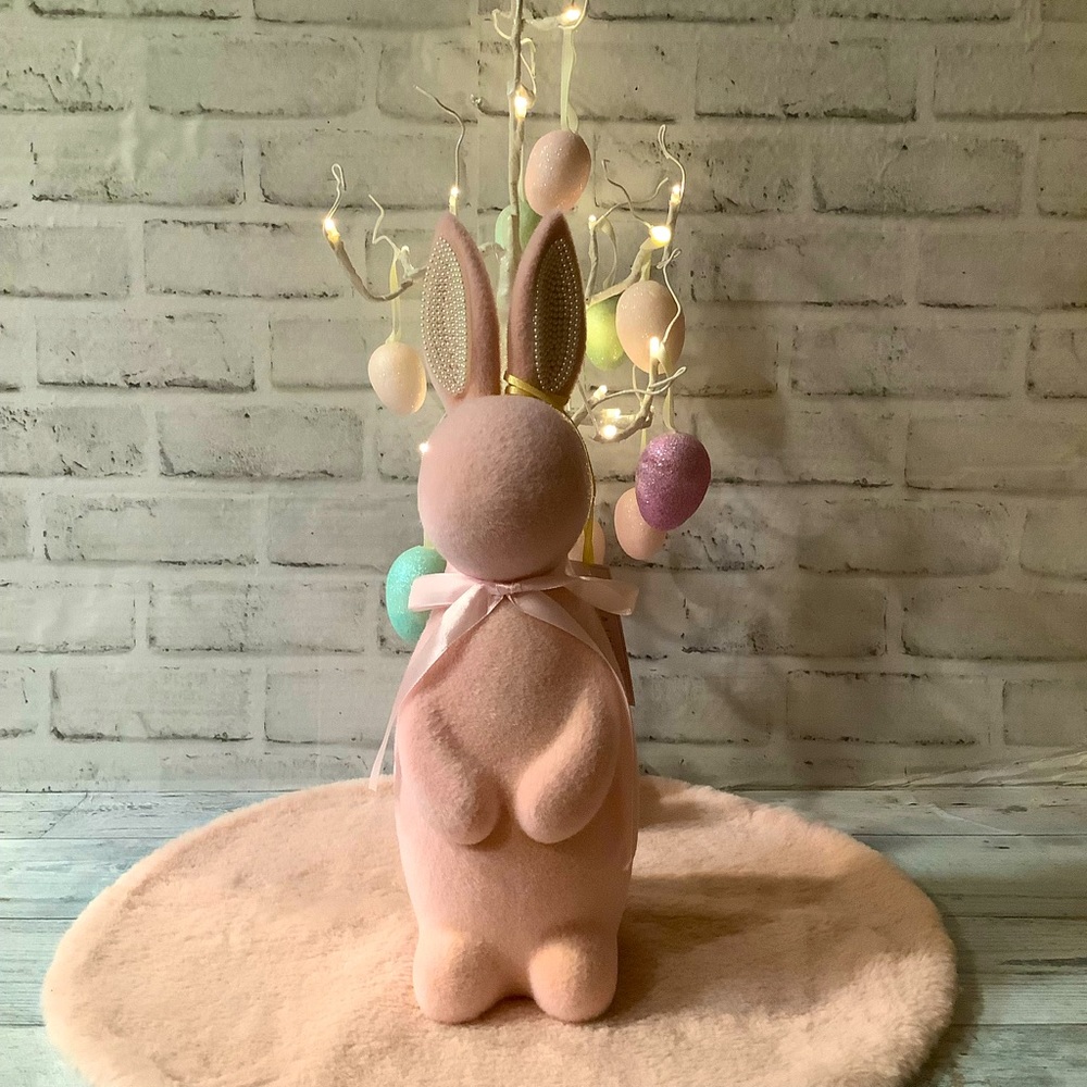 BELLA LUX Pink 15in Flocked Rabbit With Ribbon